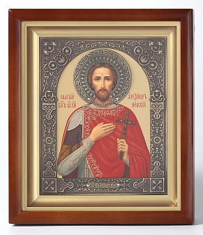 Икона в киоте 15х19 сложный, темпера, венчик, рамка фигурная, патинированая Александр Невский 1