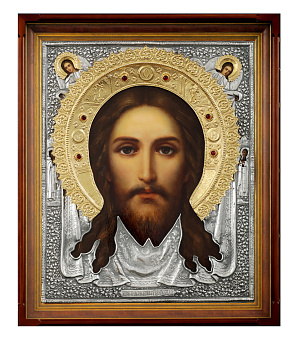 Икона живописная в киоте 40х50 масло, риза №145, черненое серебрение, камни, киот №21 Спас Нерукотворный