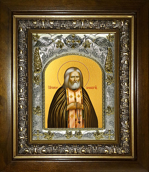Икона Серафим Саровский преподобный чудотворец, в деревяном киоте