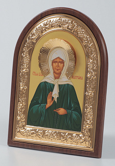 Икона в ризе 18х24 арочная, планшет, рамка, венчик золочёные, темпера, упаковка Матрона Московская (с венчиком)