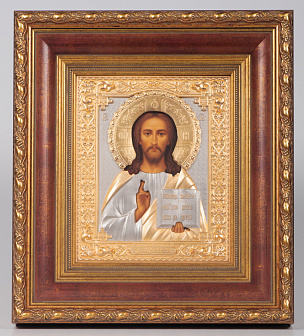 Икона живописная в киоте 18х24 темпера, риза №245 част / золочёная, багетный подрамник и рубашка Спаситель