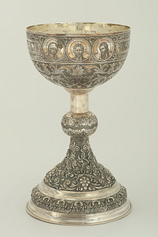 Потир 1.5л ручная гравировка с 4мя-ликами, чеканка №11 серебро (УИН)