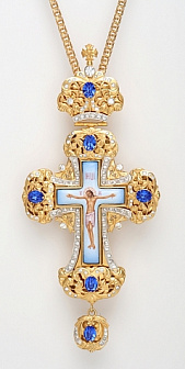 Наперсный крест золотой с ювелирными камнями и эмалью