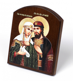 Икона на доске 10х12 объёмная печать, арочная, лак Петр и Феврония