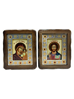 Венчальные иконы Спаситель и Казанская со вставкой металл на дереве под старину Византикос 16х19