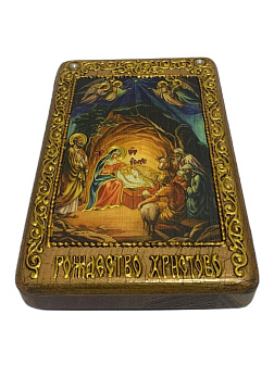 Настольная икона ''Рождество Господа Бога и Спаса нашего Иисуса Христа'' на мореном дубе