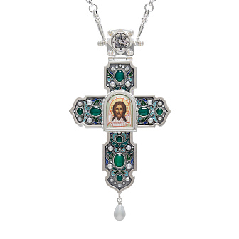 Крест наперсный №1415 / Фианиты деколь, эмаль / серебрение