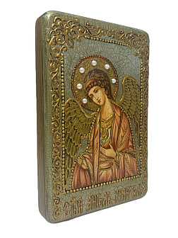 Икона ''Ангел-Хранитель'' ручной работы из дуба с натуральными камнями