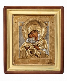Икона живописная в киоте 24х30 масло, объемная риза №114 золочение, золоченый подрамник Владимирская БМ