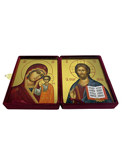 Венчальные иконы Спаситель и Казанская с золочением УЛ 13х16 в бархатном складне