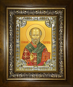 Икона Николай Чудотворец в деревянном киоте