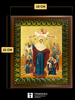 Икона Божией Матери Всех скорбящих Радость с золочением, деревянная рамка с басмой и стеклом 18х21х2 Икона Божией Матери Всех скорбящих Радость с золочением, деревянная рамка с басмой и стеклом 18х21х2