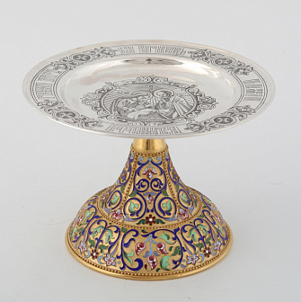 Дискос с поддискосником ручная гравировка, филигрань, эмаль, роспись / ф220мм-колос №1 потира 0, 5л / золочение / серебро (УИН)