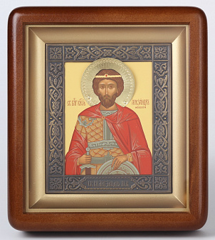 Икона в киоте 11х13 фигурный, темпера, риза патинированая Александр Невский