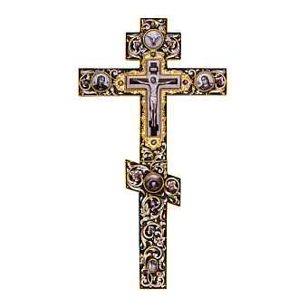 Крест напрестольный №3 5-финифтей, филигрань, эмаль, роспись, хим.гравировка / золочение