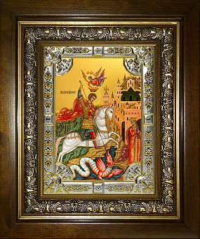 Икона освященная Чудо Георгия о змие в деревянном киоте