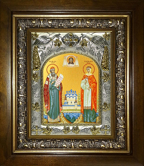 Икона Петр и Феврония святые благоверные князья, в деревяном киоте