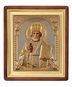 Икона ''Николай Чудотворец'' писаная маслом с золотм и камнями