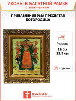 Икона Божией Матери Прибавление ума с золочением, широкая рамка 19,5х22,5х2 см