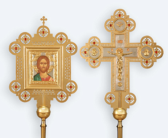 Крест-икона №2 запрестольная двухст.с гальванопл.накл. комб. камни без древок