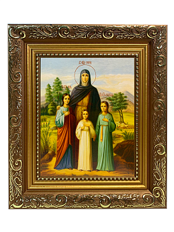 Именная икона Вера Надежда Любовь и София Римские с деревьями на холсте в киоте 044
