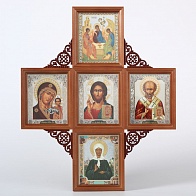 Икона-Крест в киоте 11х13 многоместная, двойное тиснение, 5 икон, резная