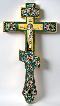 Крест напрестольный филигрань, эмаль, роспись, литьевое распятие / золочение Крест напрестольный филигрань, эмаль, роспись, литьевое распятие / золочение