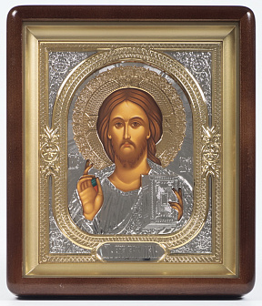 Икона в киоте 18х24 фигурный, темпера, риза объёмная, никель, золочение Спаситель