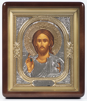 Икона в киоте 18х24 фигурный, темпера, риза объёмная, никель, золочение Спаситель