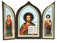 Икона в пластмассовой рамке Складень 12х18 тройной латунированный Спаситель + Пантелеимон + Николай Чудотворец