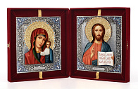 Складни живописные в футляре 24х30 масло, ризы №1, №24 открытые, черненое серебрение, эмаль (бархат) Складни живописные в футляре 24х30 масло, ризы №1, №24 открытые, черненое серебрение, эмаль (бархат)