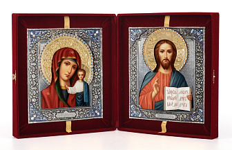 Складни живописные в футляре 24х30 масло, ризы №1, №24 открытые, черненое серебрение, эмаль (бархат)