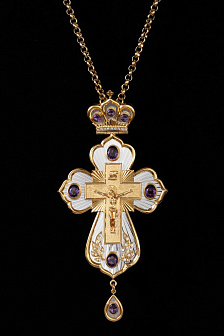 Крест наперсный №1070 юбилейный, литьевое распятие,гильяш /золочение,серебрение/