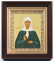 Икона в киоте 11х13 сложный, темпера, рамка золочёная Матрона