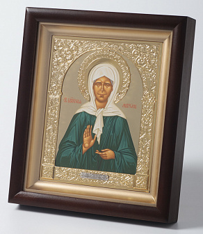 Икона в киоте 15х19 сложный, темпера №8, венчик, рамка фигурная, золочёная Матрона