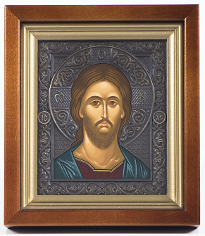 Икона в киоте 12х14 сложный №2 темпера, риза патинированая Спаситель
