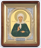 Икона в киоте 18х24 фигурный, темпера, риза-рамка объемная, открытая, золочёная, никелирование Матрона