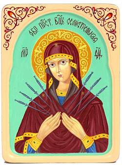 Рукописная икона ''Образ Божией Матери ''Семистрельная'' на кипарисе
