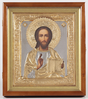 Икона фото в киоте 24х30 риза №192 золочёная, багетный подрамник Спаситель