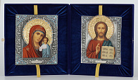 Складни живописные в футляре 24х30 темпера, ризы №1, №24 черненое серебрение, эмаль (бархат) Складни живописные в футляре 24х30 темпера, ризы №1, №24 черненое серебрение, эмаль (бархат)