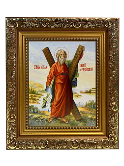 Икона Андрей Первозванный Апостол с крестом на холсте в киоте 027