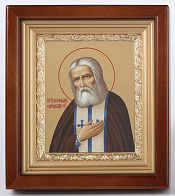 Икона в киоте 11х13 сложный, темпера, рамка золочёная Серафим Саровский 1