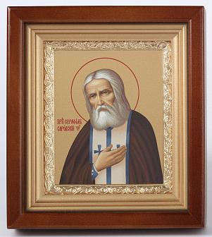 Икона в киоте 11х13 сложный, темпера, рамка золочёная Серафим Саровский 1
