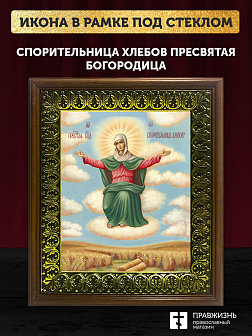 Икона Божией Матери Спорительница хлебов, деревянная рамка с басмой и стеклом 18х21х2,5 см 151