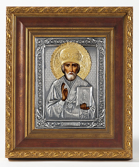Икона живописная в киоте 18х24 масло, риза №51, черненое серебрение, киот №22 Николай Чудотворец