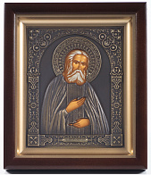 Икона в киоте 15х19 сложный, темпера, риза патинированая Серафим Саровский
