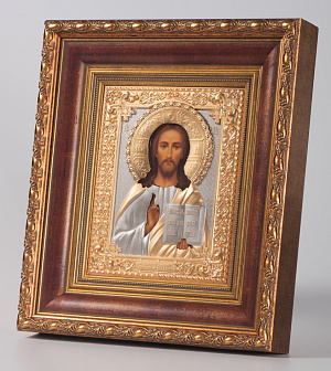 Икона живописная в киоте 18х24 темпера, риза №245 част / золочёная, багетный подрамник и рубашка Спаситель