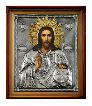 Икона живописная в киоте 50х60 масло, риза №71, черненое серебрение, киот №21 Спаситель