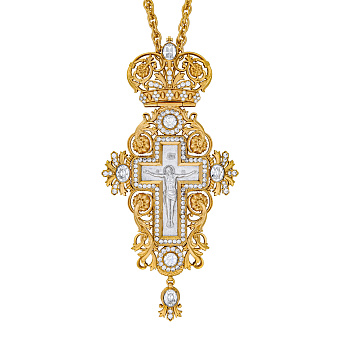Крест наперсный №189 / Фианиты литьевое распятие / золочение, серебрение