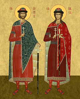 Икона Борис и Глеб благоверные князья, деревянная рамка с басмой и стеклом 18х21х2,5 см 1184